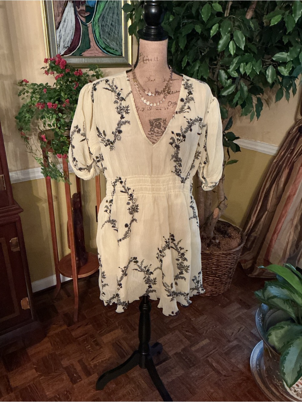 Ganni Yellow Mini Dress with Black Floral Embroidery